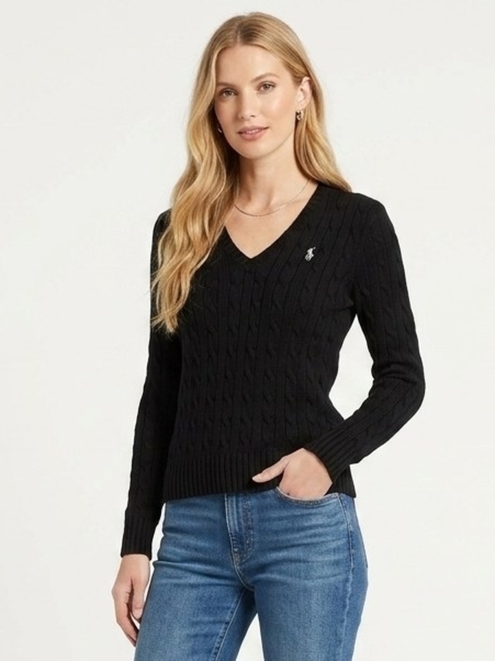 Vintage Polo Ralph Lauren Cable-Knit V-Neck Sweater In Black - M